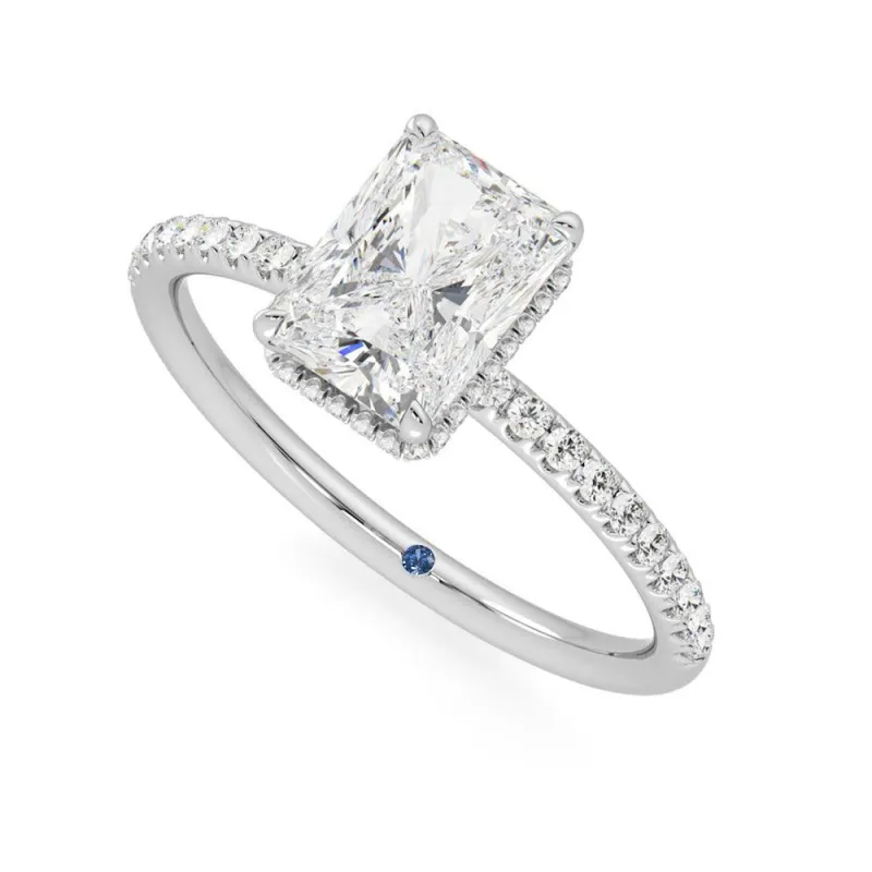 Custom Radiant Cut Moissanite Engagement Ring with Hidden Halo and Anniversary Stone Accent made by MSBLUE Jewelry