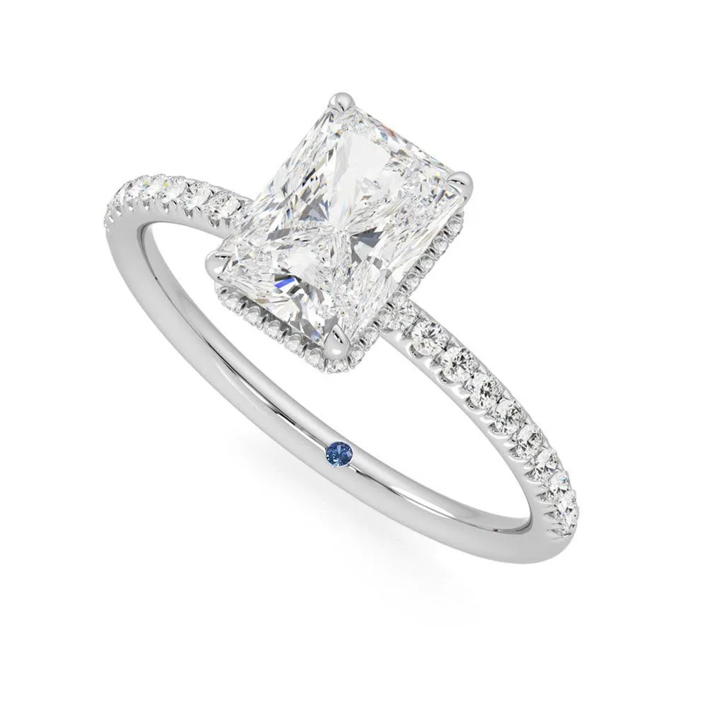 Custom Radiant Cut Moissanite Engagement Ring with Hidden Halo and Anniversary Stone Accent sold by MSBLUE Jewelry