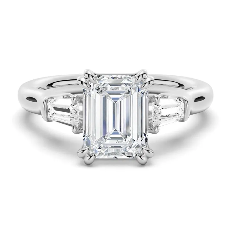 In-Stock Emerald Cut Moissanite Engagement Ring with Tapered Baguette Side Stones sold by MSBLUE Jewelry