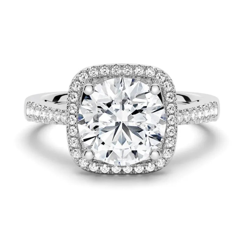In-Stock Four Prongs Pavé Halo Moissanite Engagement Ring sold by MSBLUE Jewelry
