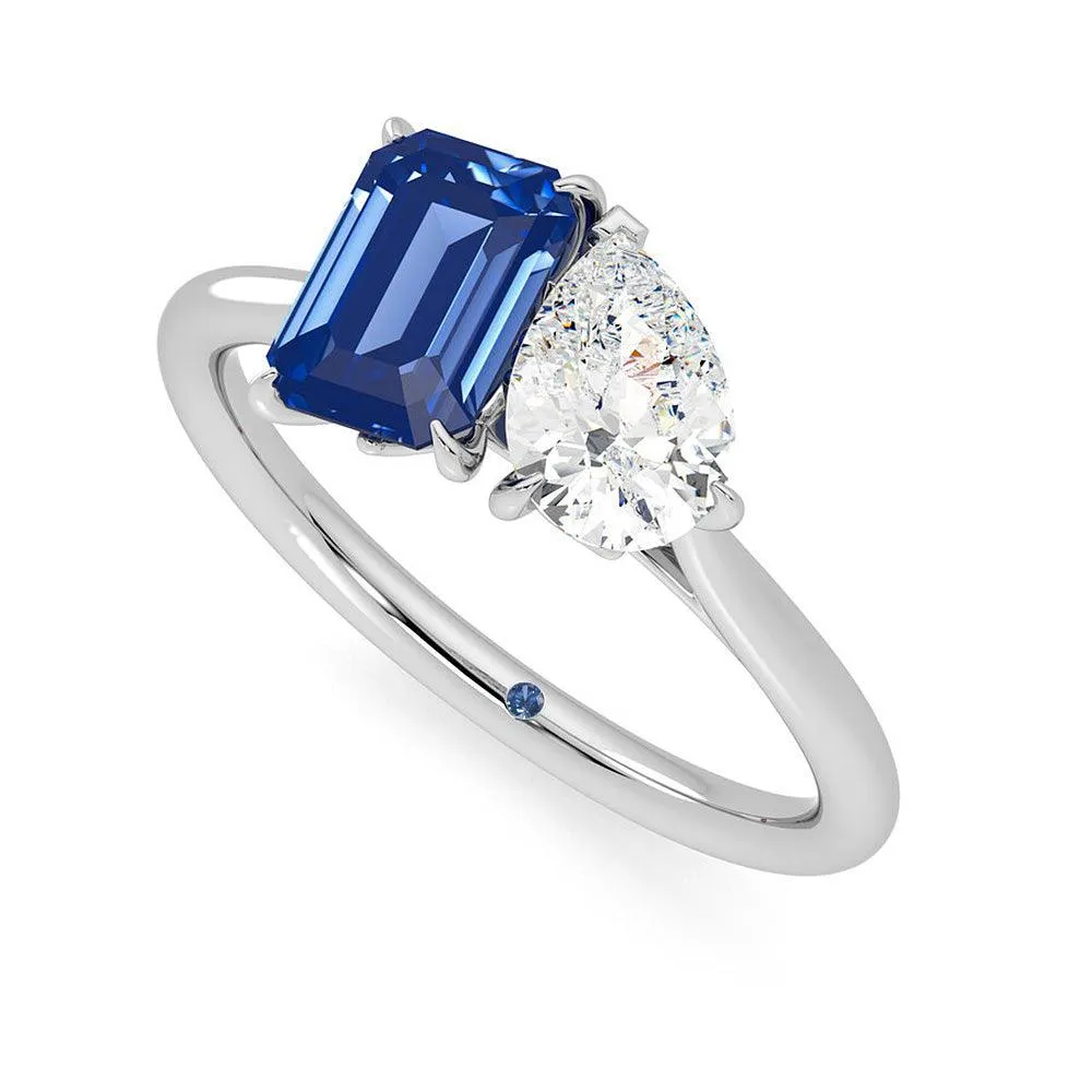 Toi et Moi Pear Shaped Lab Grown Diamond and Emerald Cut Sapphire Engagement Ring sold by MSBLUE Jewelry