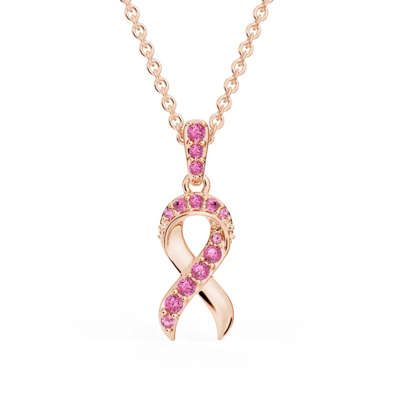 In-Stock "Faith Over Fear" Ribbon Necklace In Rose Gold With Pavé Pink Sapphires made by MSBLUE Jewelry