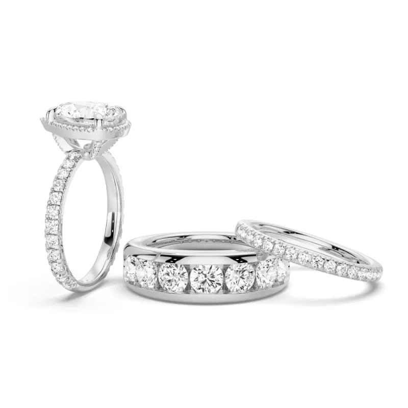 Half Eternity Pear Shaped Halo Moissanite Couple's Ring Set with Men's Wedding Band sold by MSBLUE Jewelry