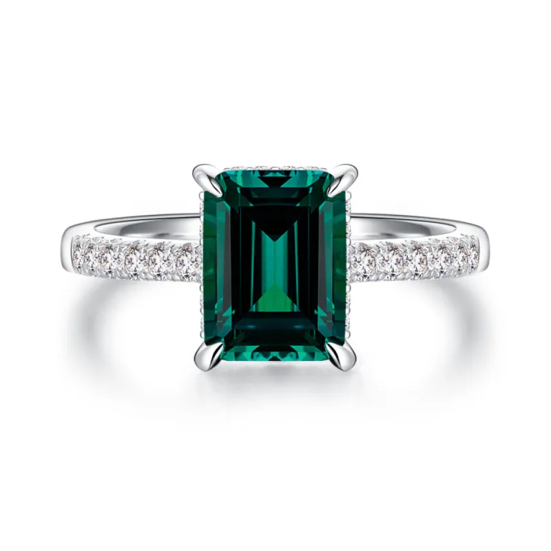 3 CT. Side Stone Lab Grown Emerald Engagement Ring With Hidden Halo sold by MSBLUE Jewelry