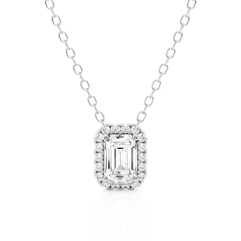 Emerald Cut Pavé Moissanite Halo Pendant Necklace sold by MSBLUE Jewelry