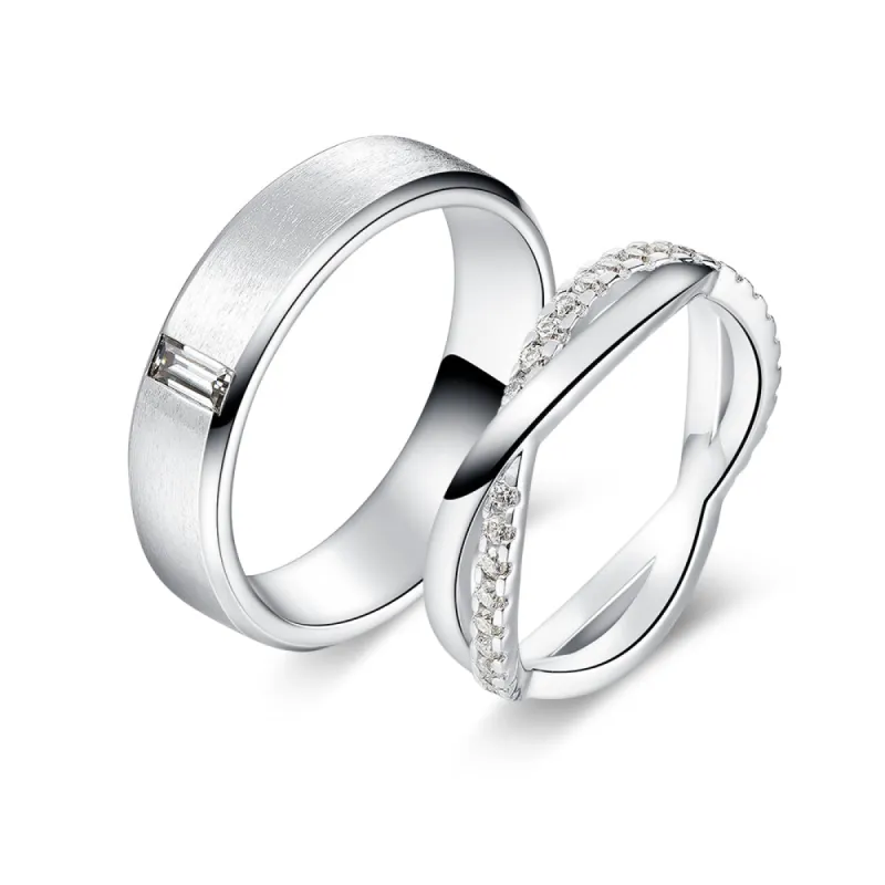 Satin Finish Emerald Cut and Infinity Moissanite Eternity Couple's Ring Set sold by MSBLUE Jewelry