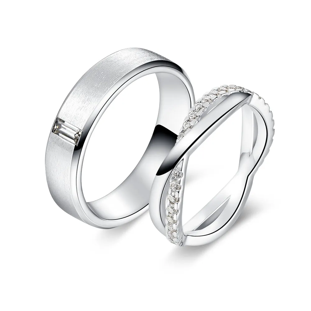Satin Finish Emerald Cut and Infinity Moissanite Eternity Couple's Ring Set sold by MSBLUE Jewelry