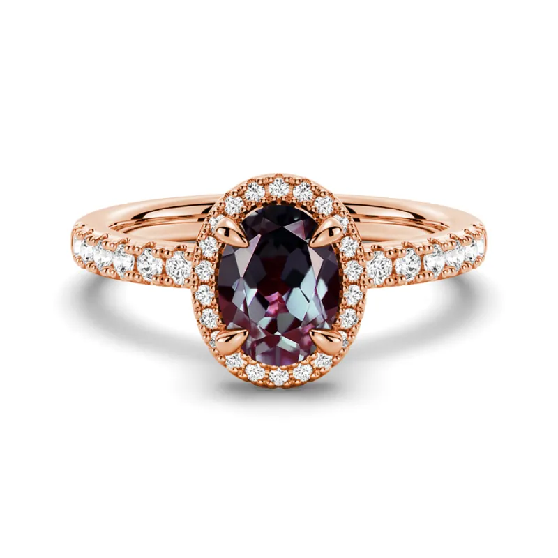 1.5 CT. Oval Alexandrite Engagement Ring With Moissanite Pavé Halo sold by MSBLUE Jewelry