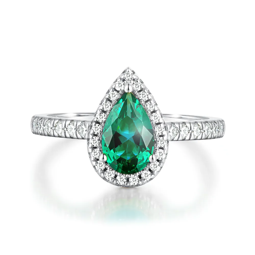 1.5 CT. Pear Shaped Emerald Ring with White Sapphire Halo Accents sold by MSBLUE Jewelry
