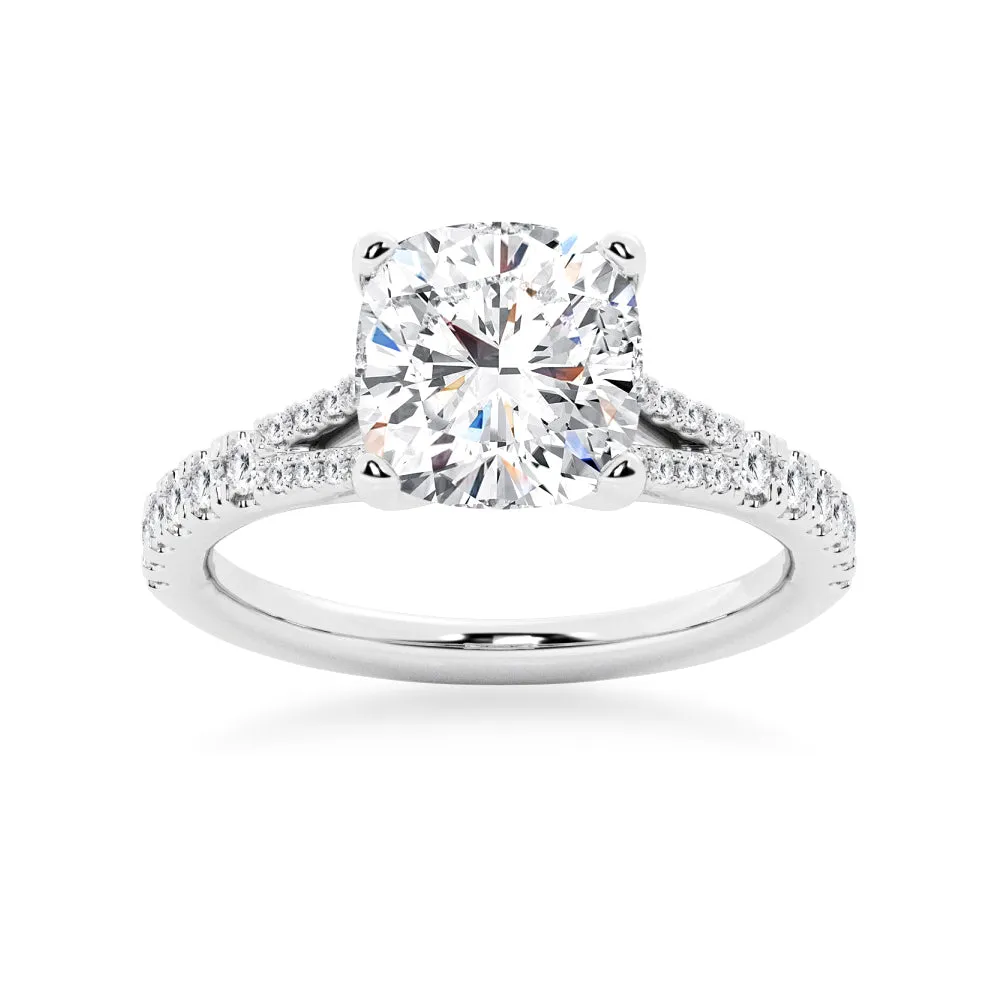 NEW Cushion Cut Split-Shank Moissanite Engagement Ring sold by MSBLUE Jewelry