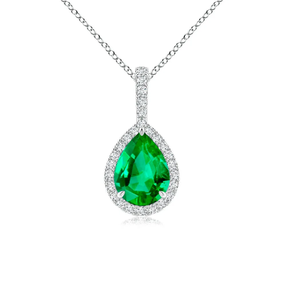 1 CT. Pear Shaped Emerald Pendant with Pavé Diamond Halo sold by MSBLUE Jewelry