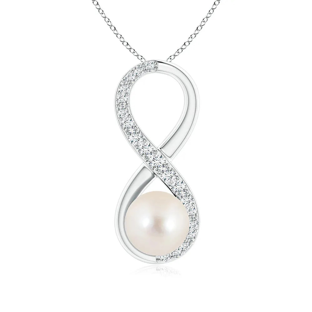 8mm Infinity Freshwater Cultured Pearl and Moissanite Pavé Pendant sold by MSBLUE Jewelry
