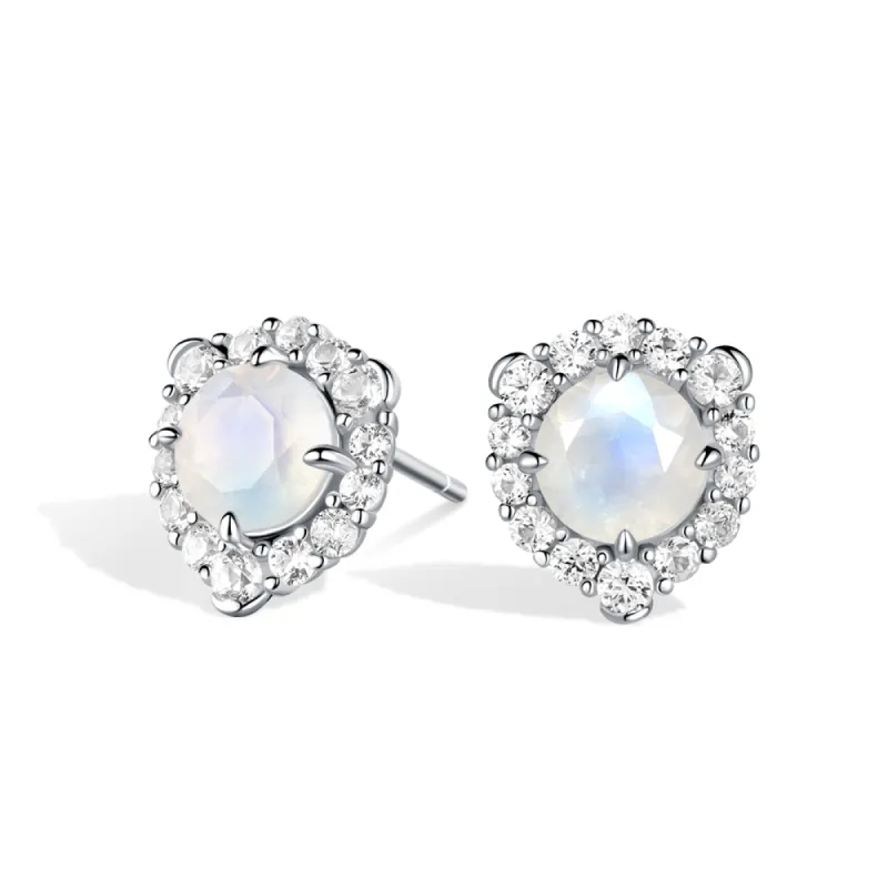 Round Moonstone Stud Earrings With White Sapphire Halo sold by MSBLUE Jewelry