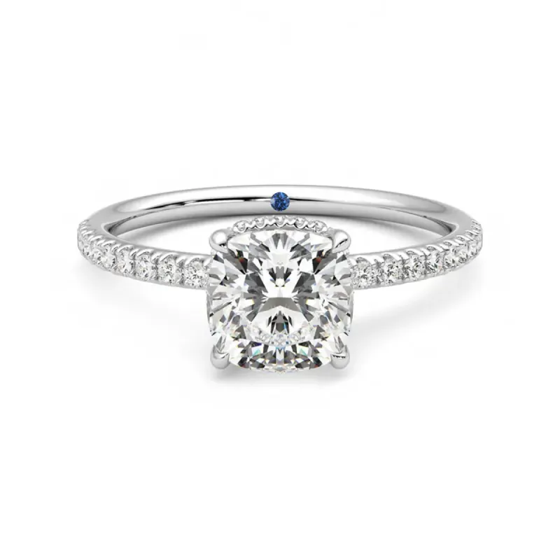 Cushion Cut Moissanite Engagement Ring with Hidden Halo and Anniversary Stone Accent sold by MSBLUE Jewelry