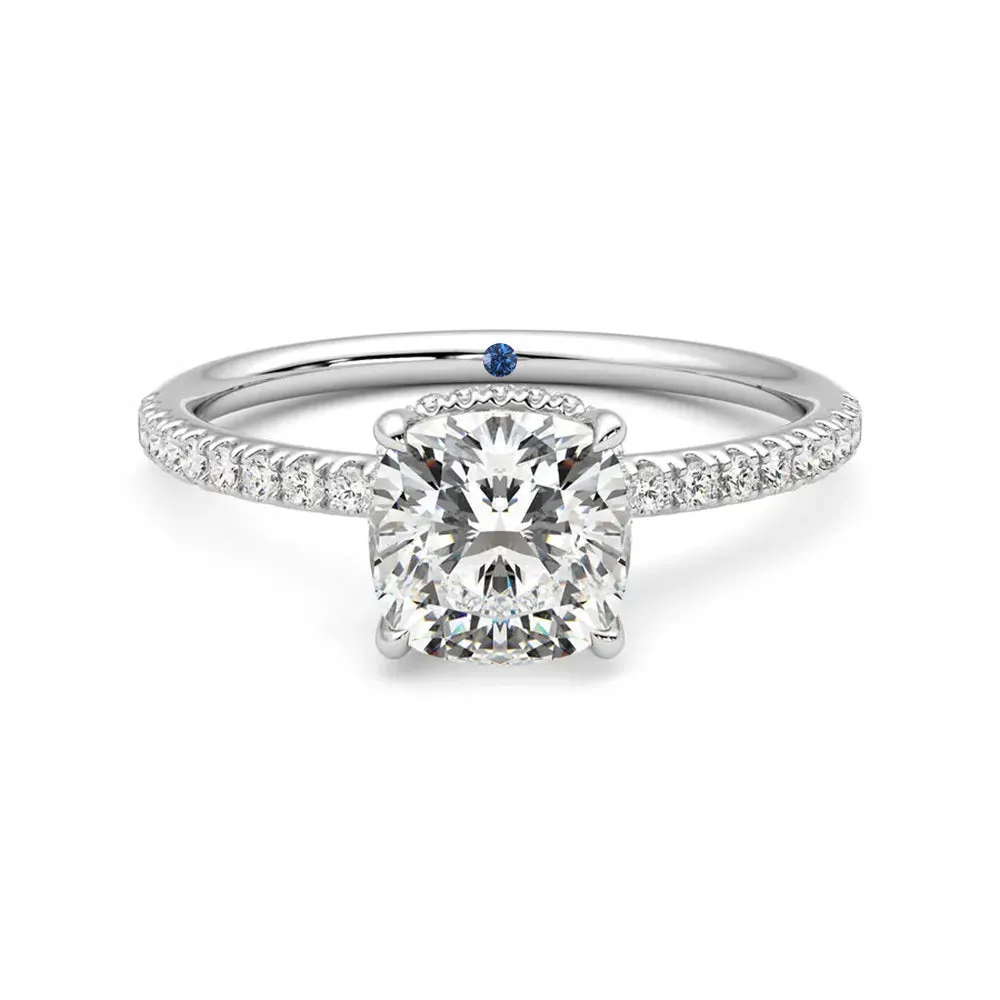 Cushion Cut Moissanite Engagement Ring with Hidden Halo and Anniversary Stone Accent sold by MSBLUE Jewelry