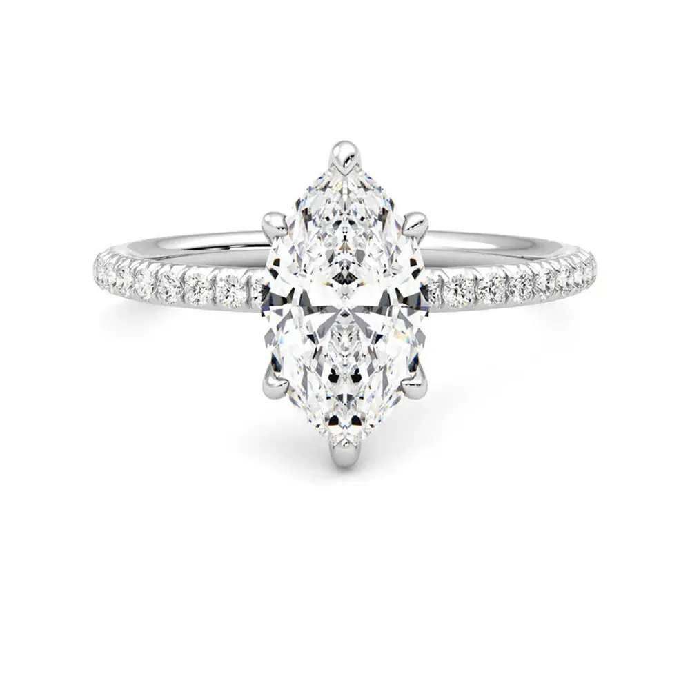 Six-Prong Marquise Cut Moissanite Engagement Ring with Hidden Anniversary Stone Accent sold by MSBLUE Jewelry