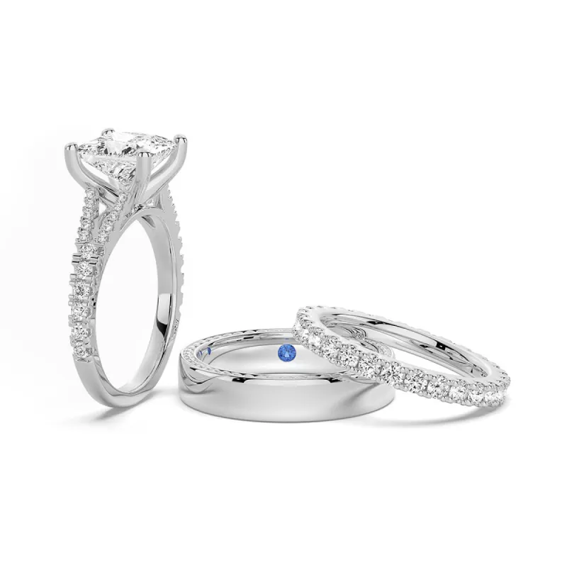 Princess Cut Split-Shank Moissanite Couple's Ring Set with Men's Wedding Band sold by MSBLUE Jewelry