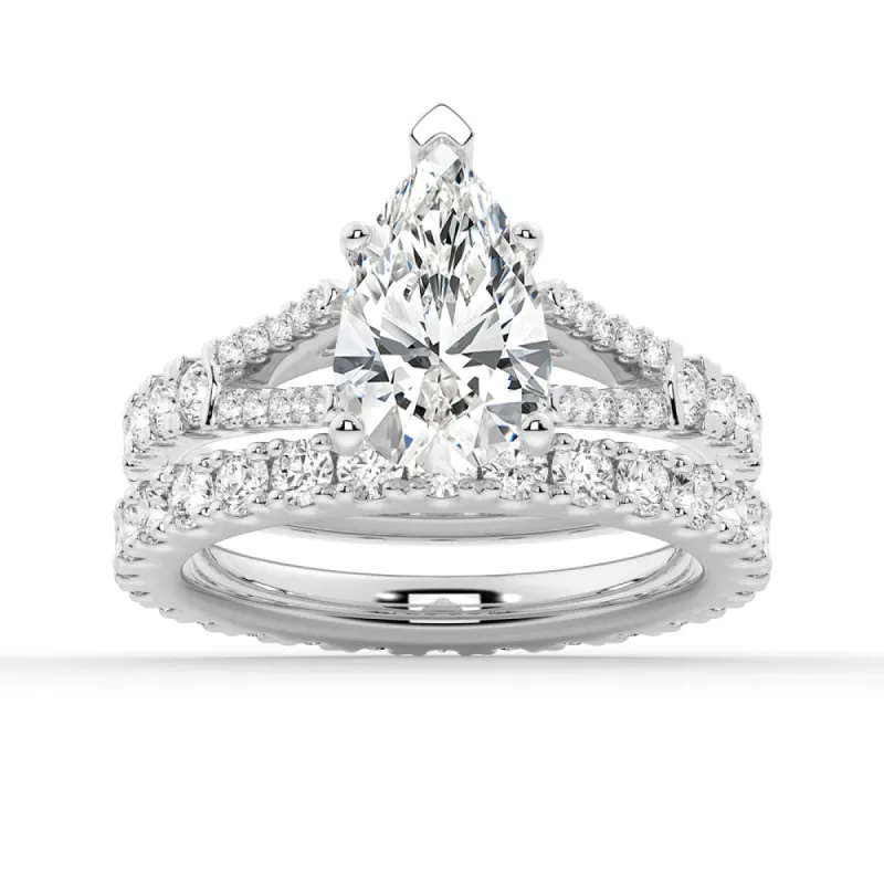 Pear Shaped Split-Shank Moissanite Ring Set with Matching Wedding Band sold by MSBLUE Jewelry