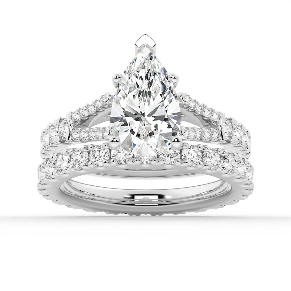Pear Shaped Split-Shank Moissanite Ring Set with Matching Wedding Band sold by MSBLUE Jewelry