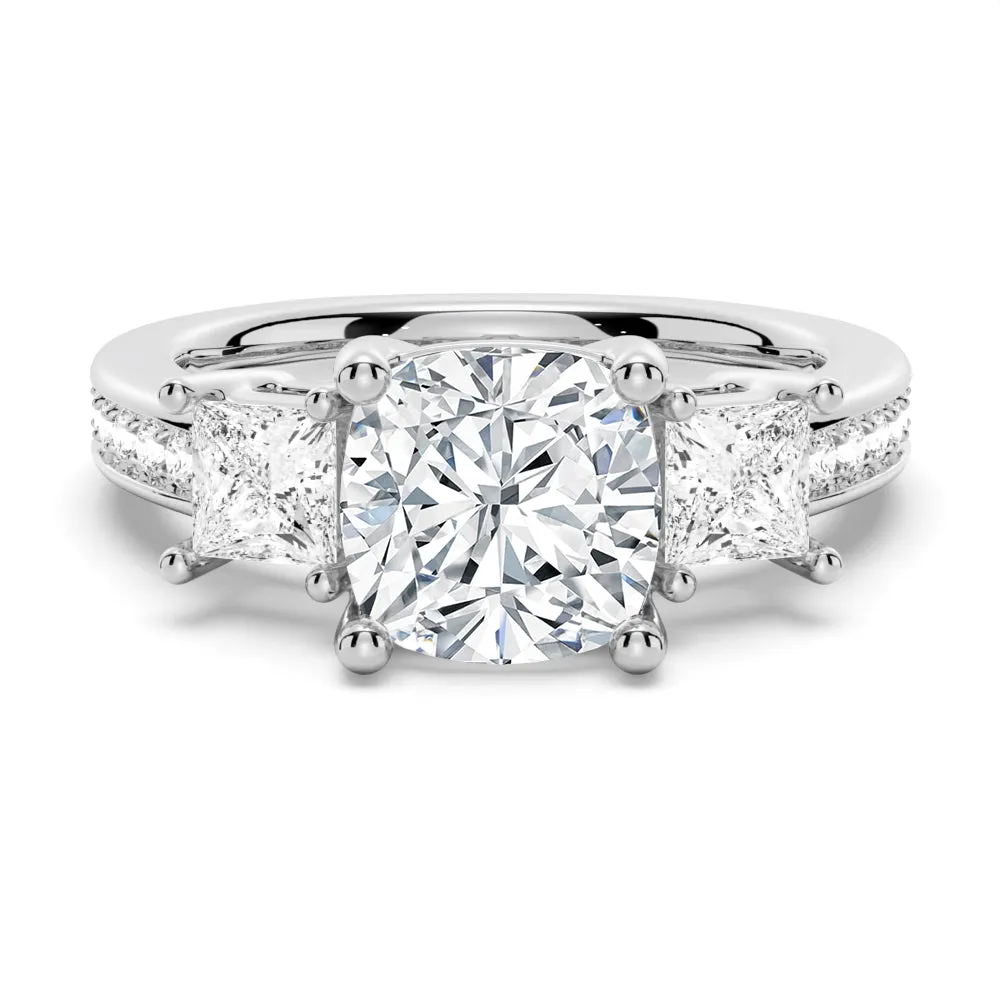 Three Stone Cushion Shaped Engagement Ring With Princess Cut Accents sold by MSBLUE Jewelry