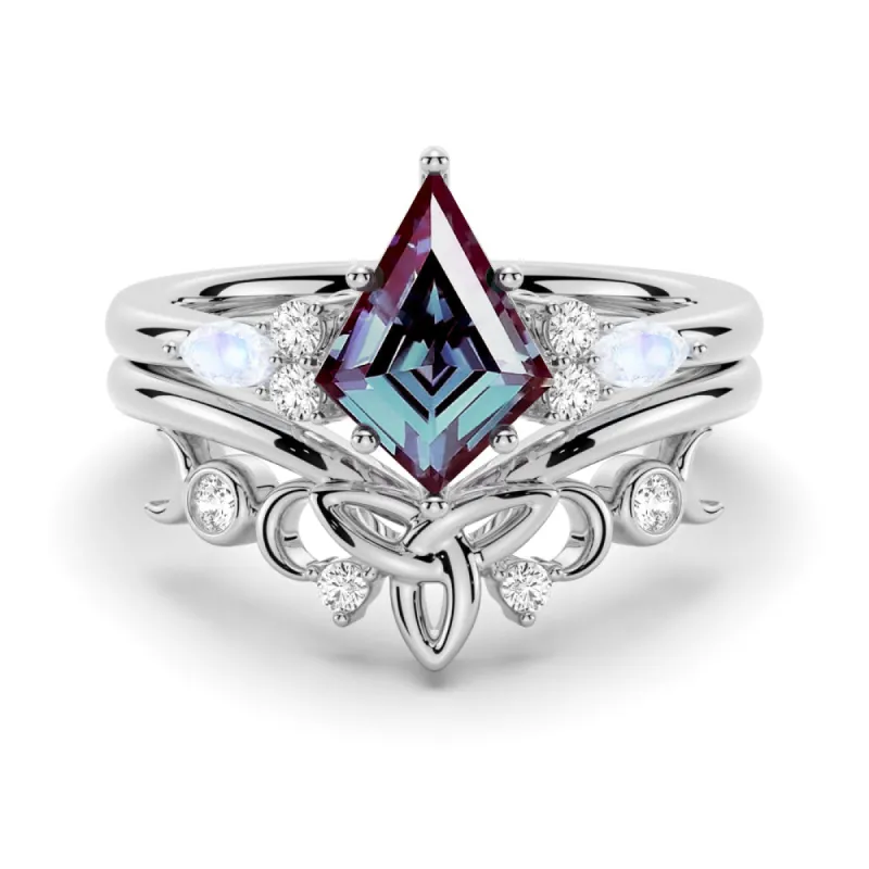 2 CT. Art Deco Unique Kite Cut Alexandrite Engagement Ring Set With Moonstone Accents made by MSBLUE Jewelry