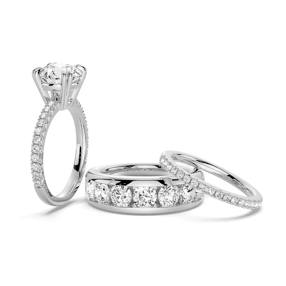 Round Cut Moissanite Couple's Ring Set with Men's Wedding Band sold by MSBLUE Jewelry