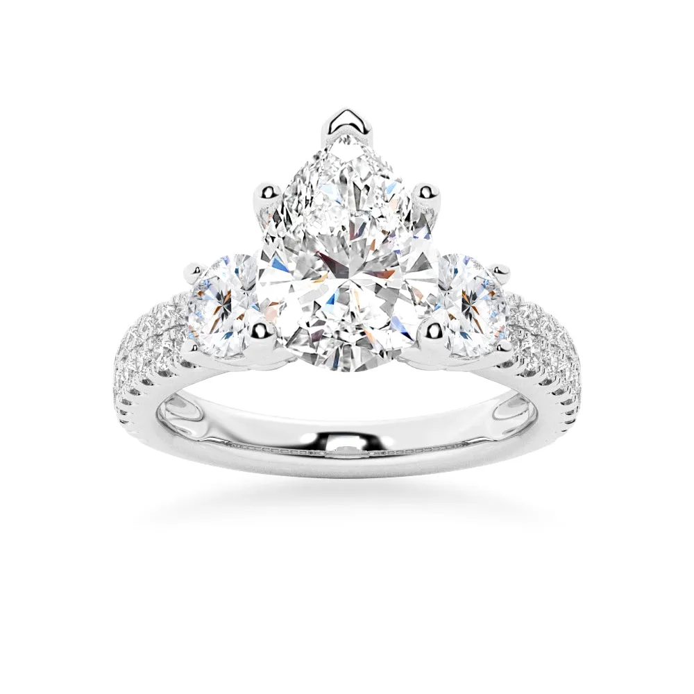 NEW Double Row Pave Three Stone Pear Shaped Moissanite Engagement Ring sold by MSBLUE Jewelry