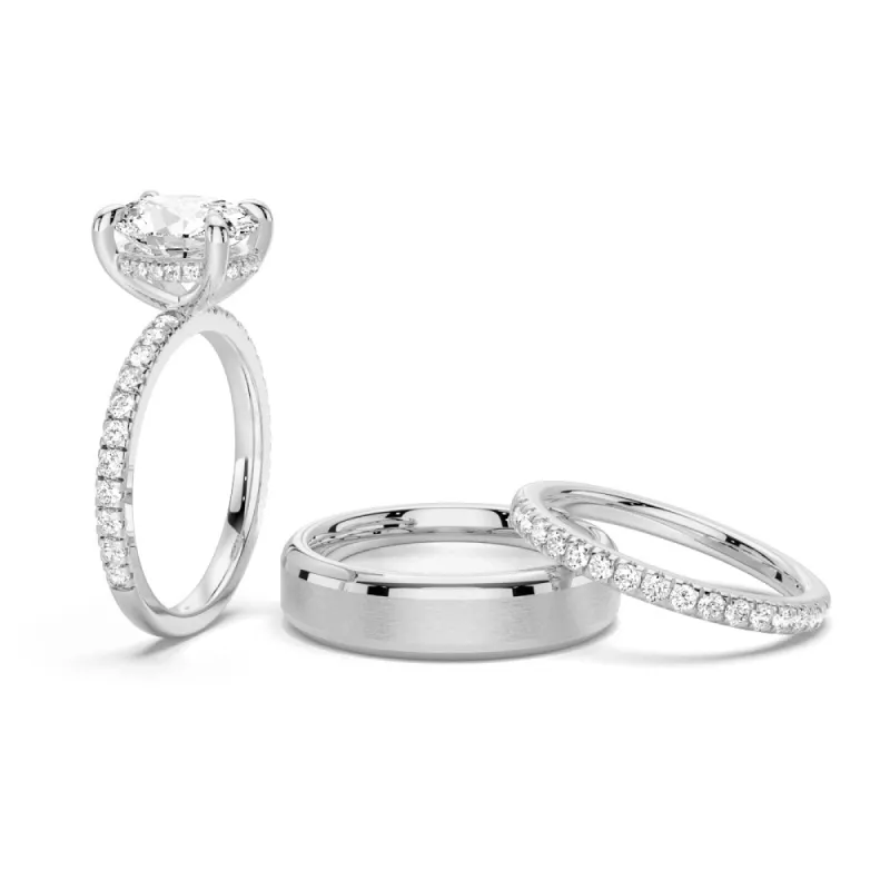 Micropavé Oval Hidden Halo Moissanite Couple's Ring Set with Men's Wedding Band sold by MSBLUE Jewelry