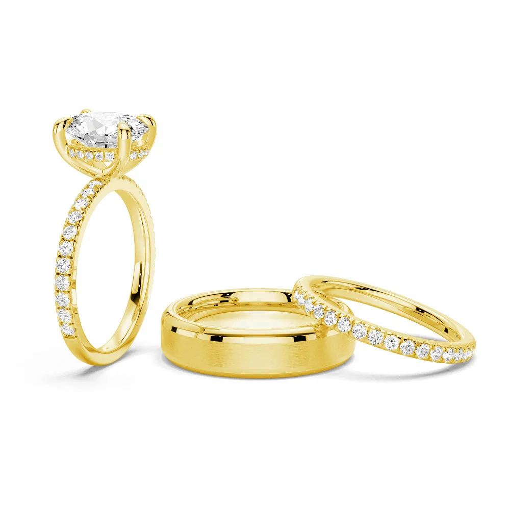 Micropavé Oval Hidden Halo Moissanite Couple's Ring Set with Men's Wedding Band sold by MSBLUE Jewelry product image thumbnail 2