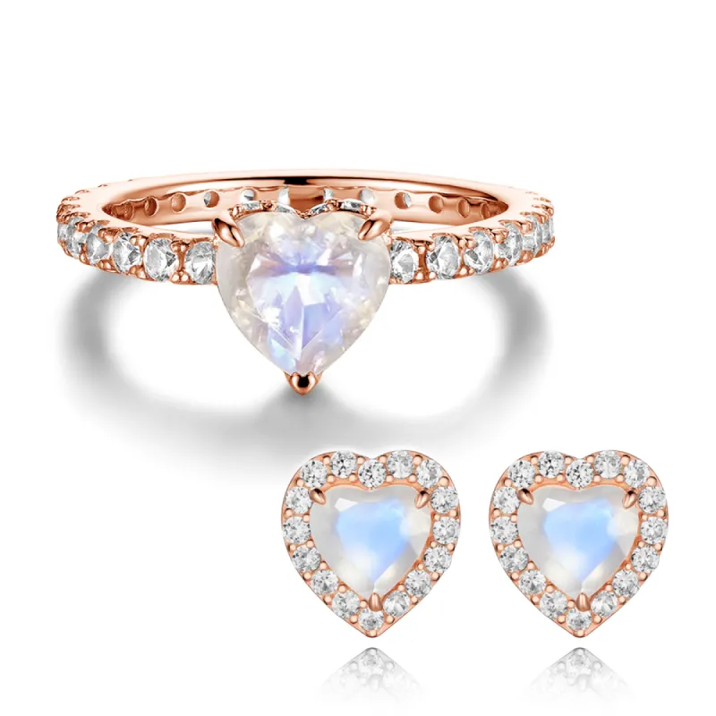 Heart-Shape Moonstone Ring & Earrings Set With White Sapphire sold by MSBLUE Jewelry