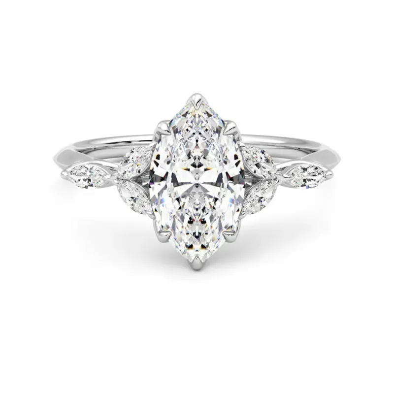 Marquise Cut Moissanite Engagement Ring with Petals and Hidden Anniversary Stone Accent sold by MSBLUE Jewelry