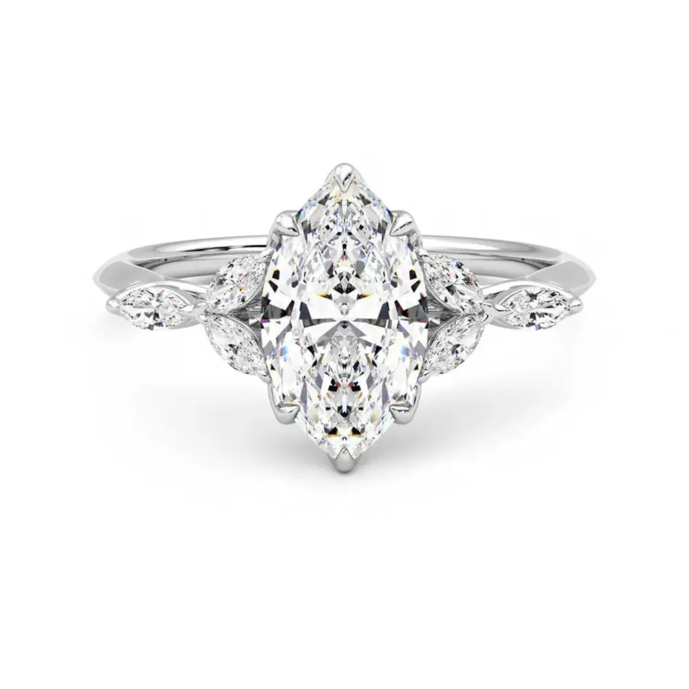 Marquise Cut Moissanite Engagement Ring with Petals and Hidden Anniversary Stone Accent sold by MSBLUE Jewelry