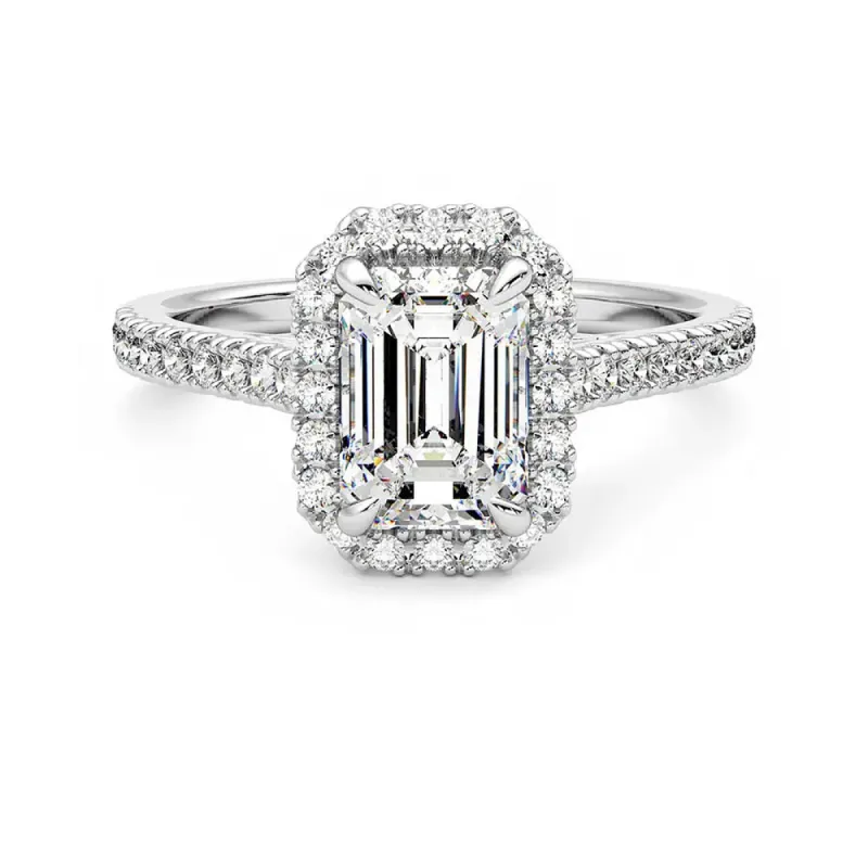 Emerald Cut Halo Moissanite Engagement Ring with Hidden Anniversary Stone Accent sold by MSBLUE Jewelry