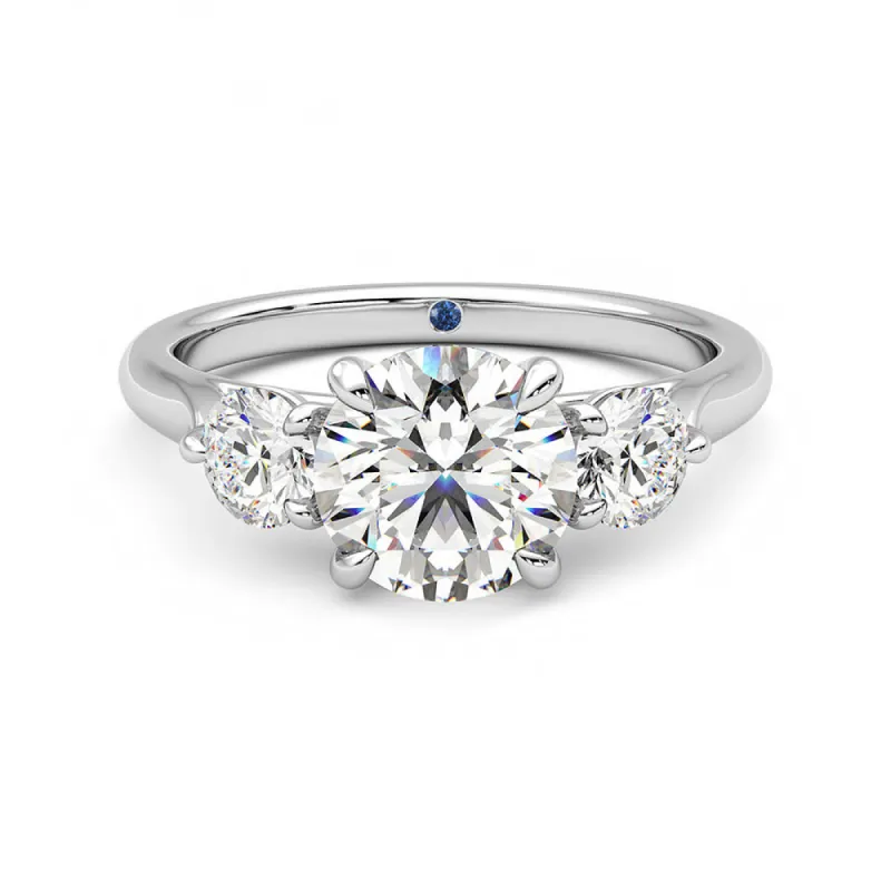 Four Prong Three Stone Round Moissanite Engagement Ring with Hidden Anniversary Stone Accent sold by MSBLUE Jewelry
