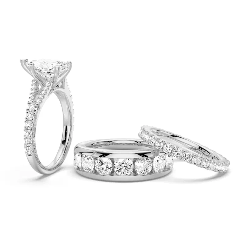 Pear Shaped Split-Shank Moissanite Couple's Ring Set with Men's Wedding Band sold by MSBLUE Jewelry