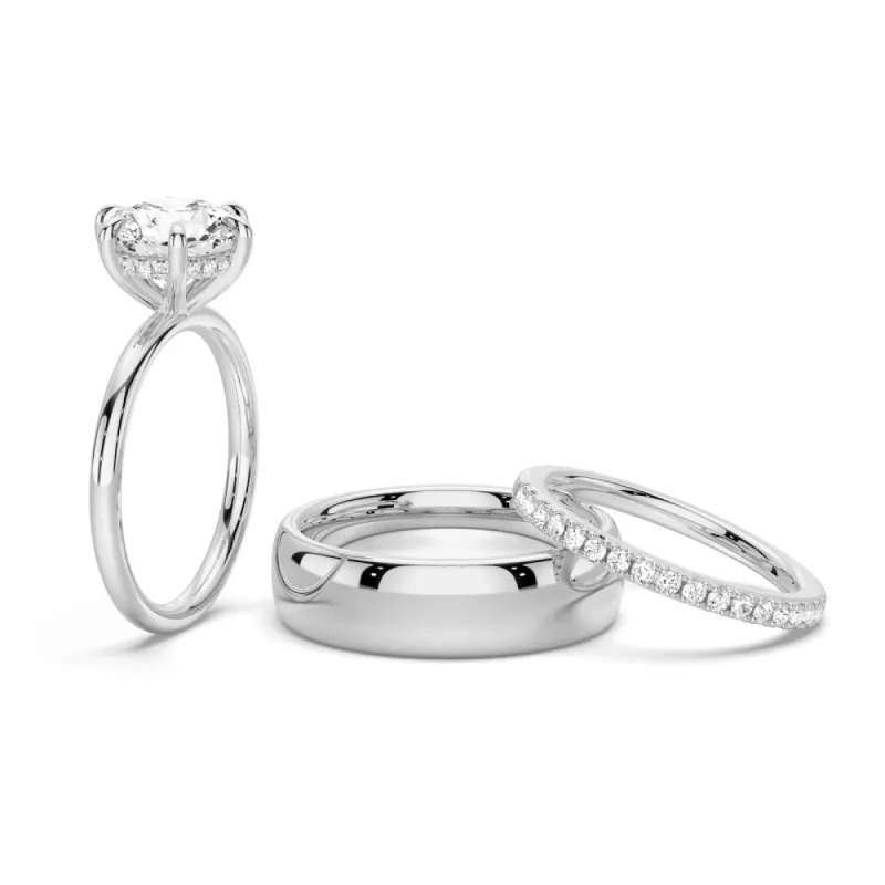 Six-Prong Solitaire Moissanite Couple's Ring Set with Men's Wedding Band sold by MSBLUE Jewelry