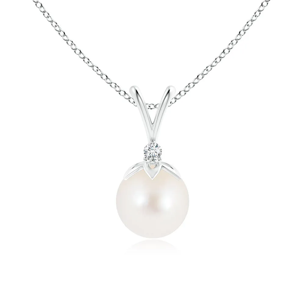 8mm Freshwater Cultured Pearl V-Bale Pendant with Moissanite sold by MSBLUE Jewelry