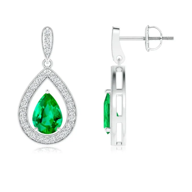 1.3 CT. Pear Emerald Drop Earrings with Pavé Halo sold by MSBLUE Jewelry