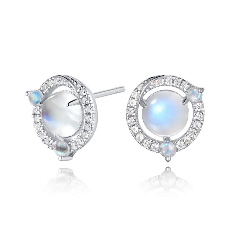 Moonstone and White Sapphire Halo Stud Earrings sold by MSBLUE Jewelry