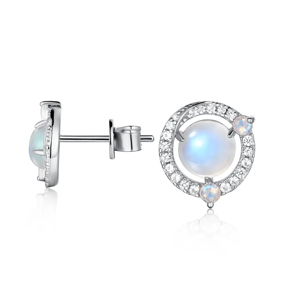 Moonstone and White Sapphire Halo Stud Earrings sold by MSBLUE Jewelry product image thumbnail 5