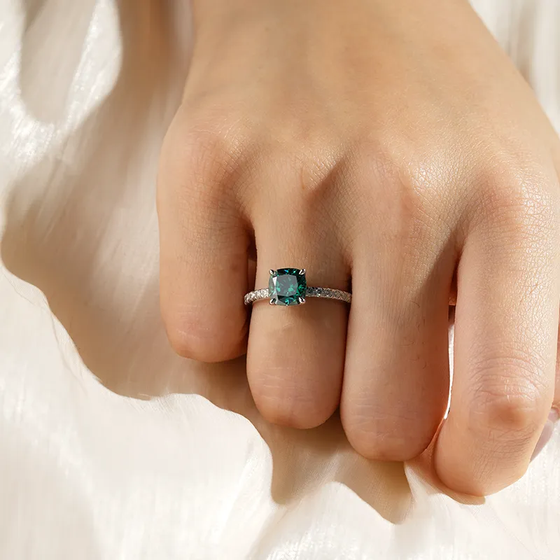 2 CT. Pavé Band Cushion Cut Green Moissanite Engagement Ring sold by MSBLUE Jewelry product image thumbnail 5