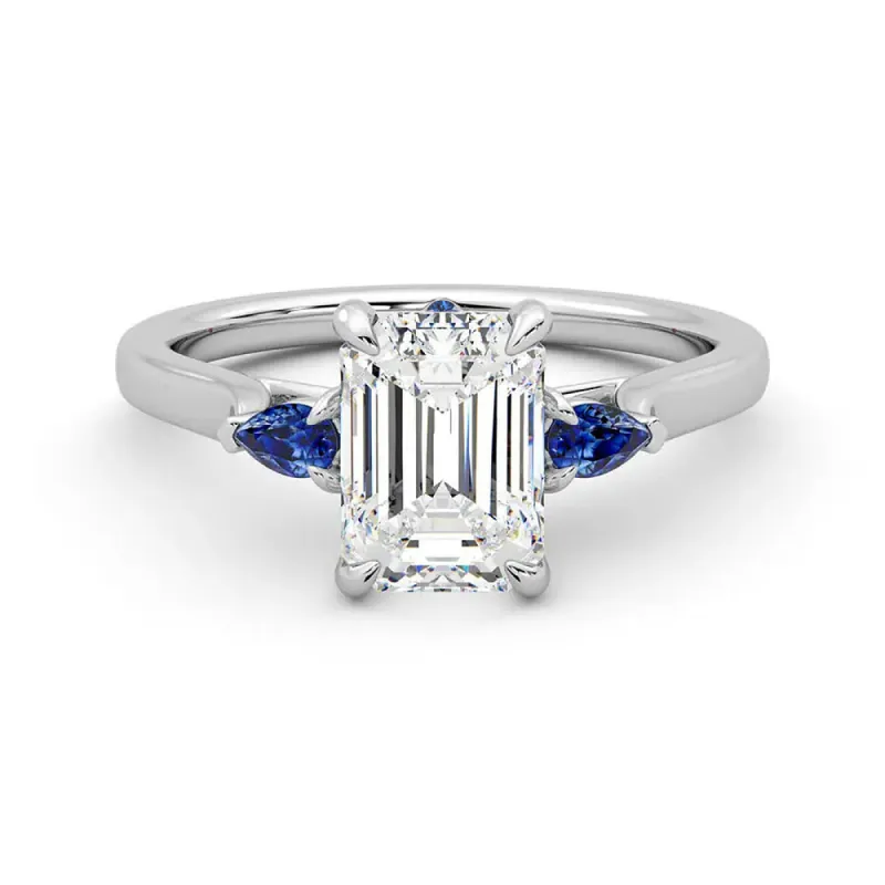 Three Stone Emerald Cut Moissanite Engagement Ring with Hidden Anniversary Stone Accent sold by MSBLUE Jewelry