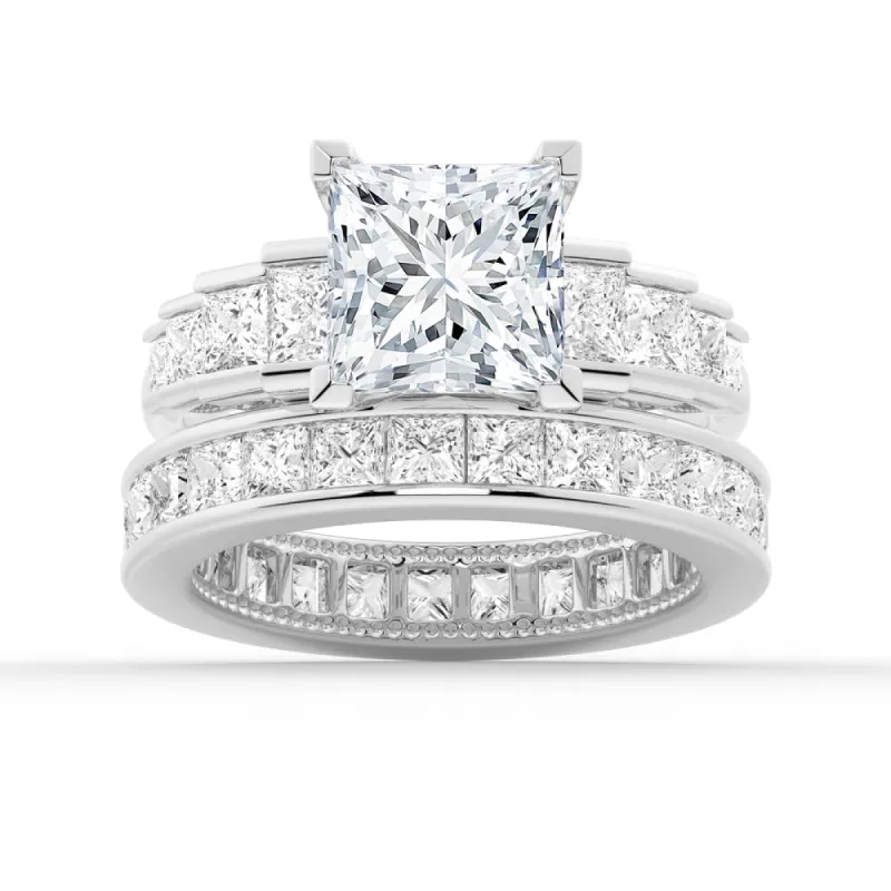 Unique Cinderella Staircase Princess-Cut Moissanite Ring Set with Matching Wedding Band sold by MSBLUE Jewelry