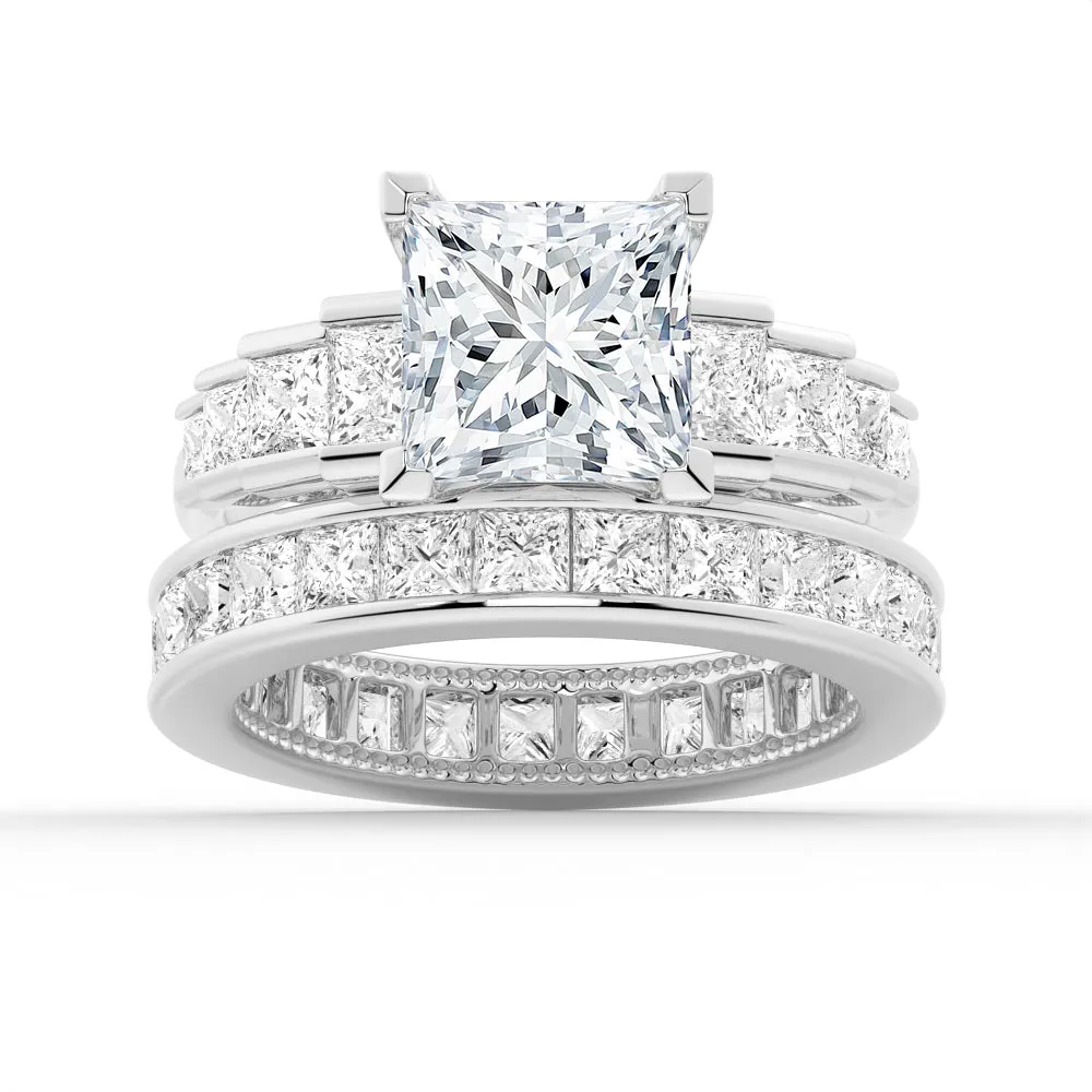 Unique Cinderella Staircase Princess-Cut Moissanite Ring Set with Matching Wedding Band sold by MSBLUE Jewelry