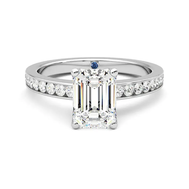 Emerald Cut Moissanite Engagement Ring with Hidden Anniversary Stone and Channel Set Side Stones sold by MSBLUE Jewelry