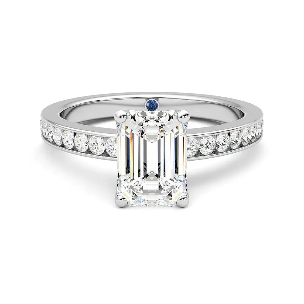 Emerald Cut Moissanite Engagement Ring with Hidden Anniversary Stone and Channel Set Side Stones sold by MSBLUE Jewelry