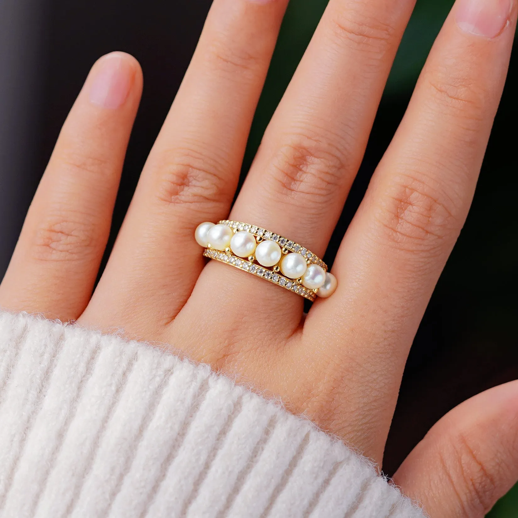 4mm Freshwater Cultured Pearl and Moissanite Promise Ring sold by MSBLUE Jewelry product image thumbnail 2