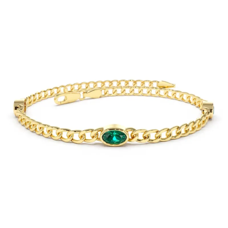 Three Oval Shaped Lab Grown Emeralds Curb Link Chain Bracelet sold by MSBLUE Jewelry