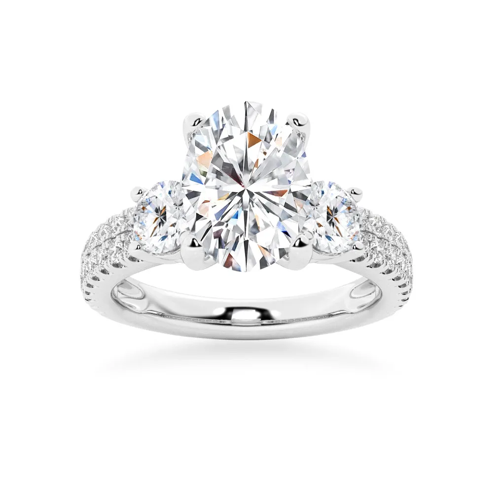 NEW Double Row Pave Three Stone Oval Cut Moissanite Engagement Ring sold by MSBLUE Jewelry