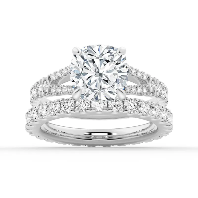 Cushion Cut Split-Shank Moissanite Ring Set with Matching Wedding Band sold by MSBLUE Jewelry